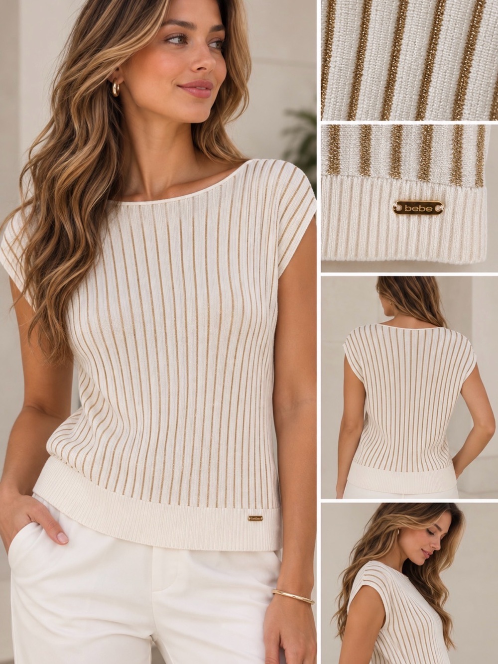 bebe Cream Sweater with Subtle Gold Stripe Detail